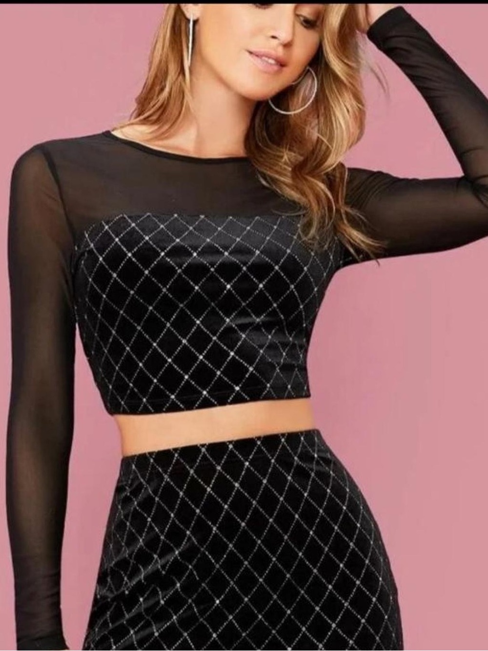 Fashion Nova Black Velvet Crop Top with Diamond-Grid Detail